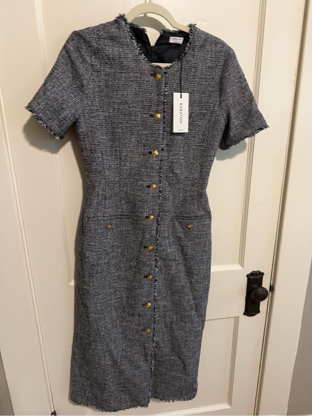 Aritzia Babaton Black and White Tweed Midi Dress with Gold Buttons